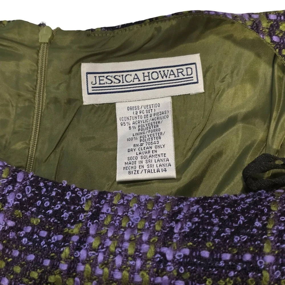 Jessica Howard Size 14 2-Piece Tweed Dress Jacket Set Purple Green Plaid Vintage - Picture 4 of 11
